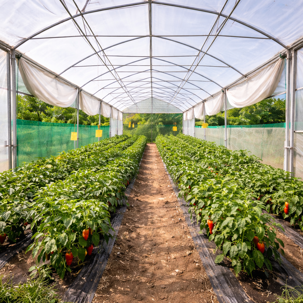 bell pepper rows in polyhouse setting